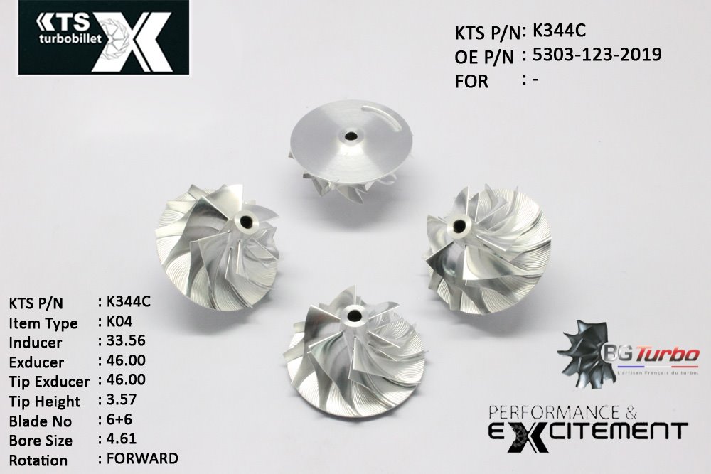 Turbo ROUE FORGÉE MFS PERFORMANCE - 6+6 PALES - INDUCER : 33,56 - EXDUCER : 46 - TYPE : K04ANGLE : 60° - ROTATION : Forward - SUPER BACK : 1,8 - BORE SIZE : 4,61
